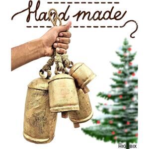 Set 3 Rustic Handmade Brass Cow Bells Vintage Large Christmas Hanging Decor